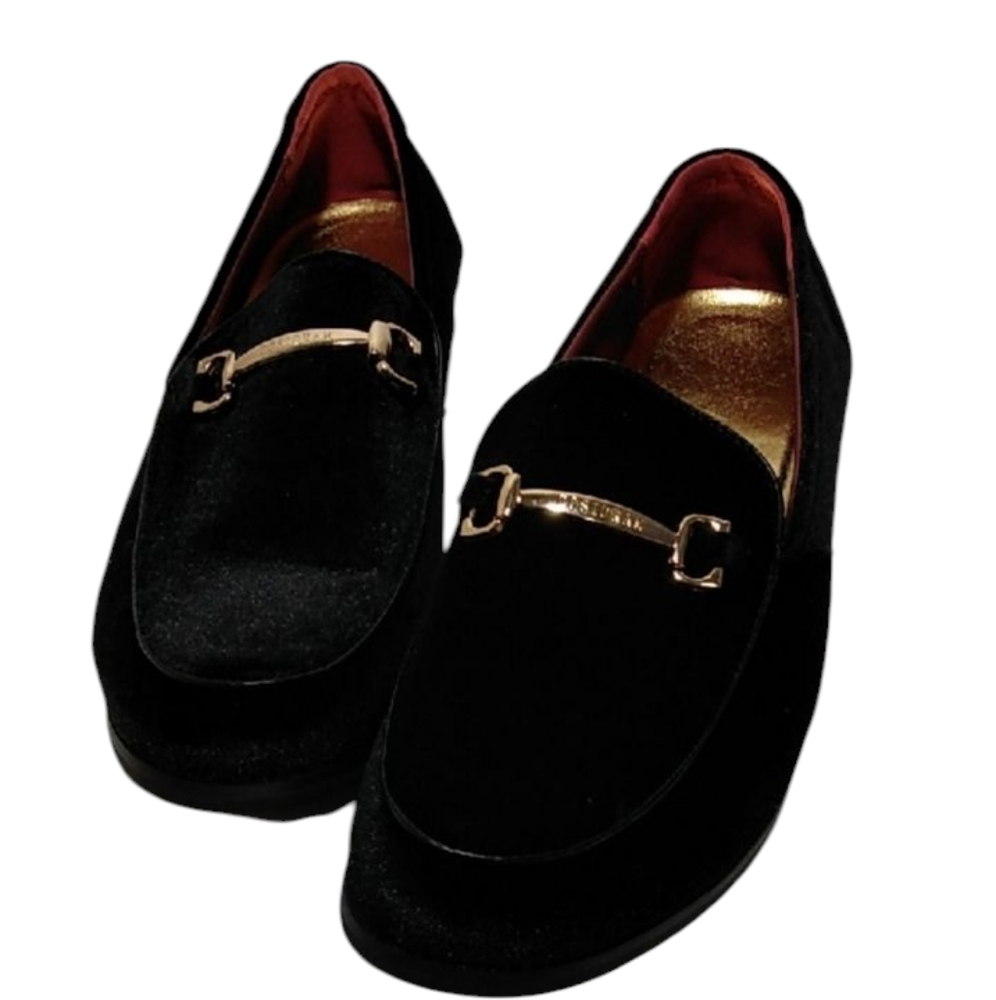 Men's Black Velvet Loafers with Gold Accents